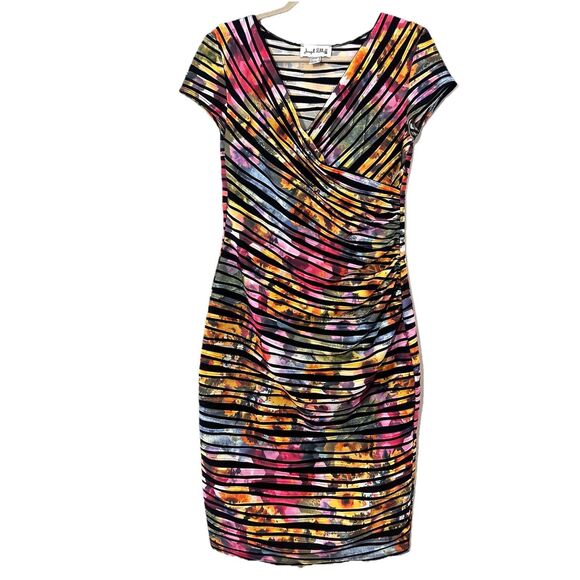 Joseph Ribkoff Wiggle Wrap Dress Size 10 Floral Short Sleeve Artsy Event Guest - Picture 1 of 6